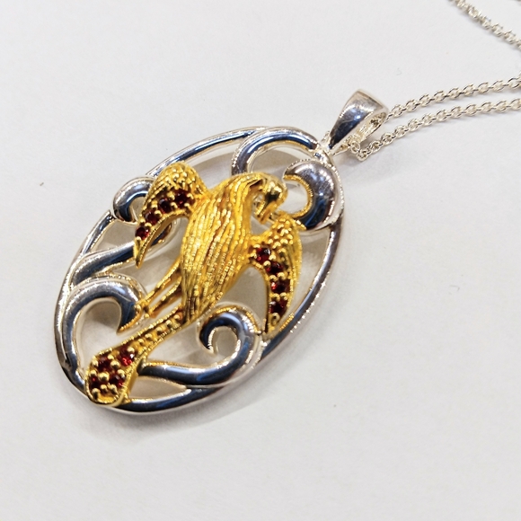 Sterling Two Tone Bird Red Stones Necklace - Picture 3 of 6